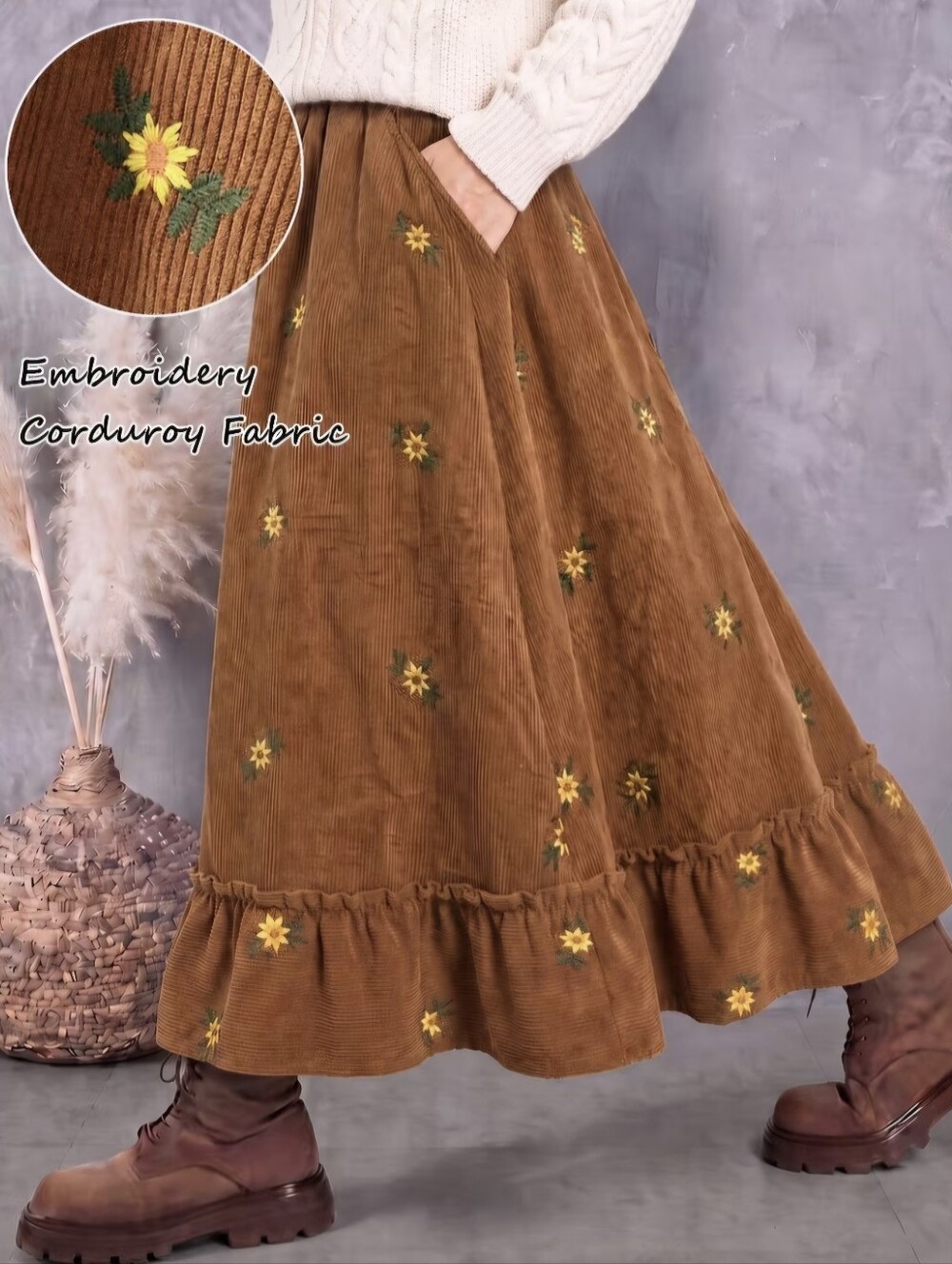 Vintage Corduroy Skirt for Women, Floral Embroidered Maxi Skirt with Pockets